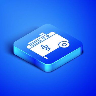 Isometric taşınabilir elektrik jeneratörü ikonu mavi arkaplanda izole edildi. Sanayi ve ev taşınmaz güç jeneratörü. Mavi kare düğme. Vektör İllüstrasyonu