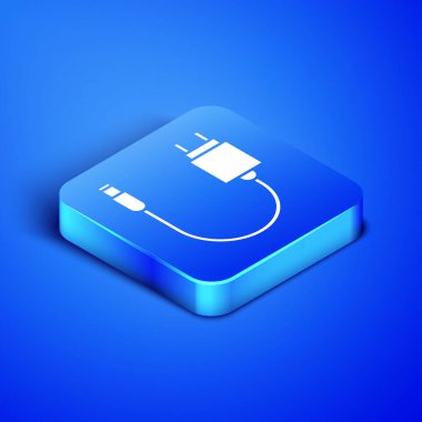 Isometric Charger simgesi mavi arkaplanda izole edildi. Mavi kare düğme. Vektör İllüstrasyonu