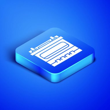 Mavi arka planda Isometric Car akü ikonu izole edildi. Akümülatör bataryası enerji ve elektrik akümülatörü bataryası. Mavi kare düğme. Vektör İllüstrasyonu