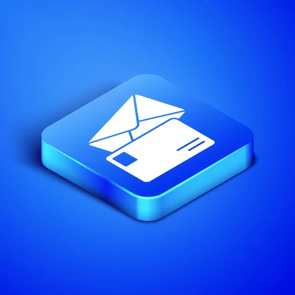 青い背景にアイソメのアイソメアイコン。電子メール メッセージレター記号。青い正方形のボタン。ベクトルイラストレーション — ストックベクタ