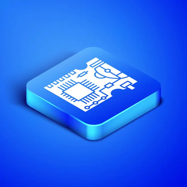 Isometrica icona del circuito stampato PCB isolato su sfondo blu. Pulsante quadrato blu. Illustrazione vettoriale — Vettoriale Stock