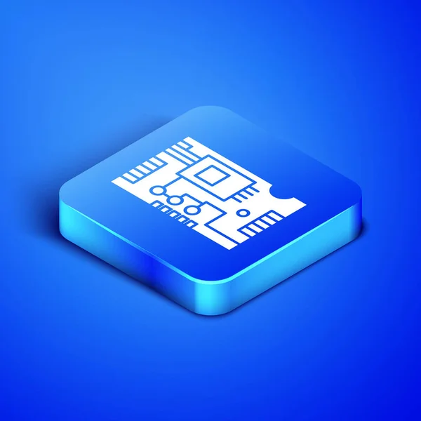 Izometrické Elektronické počítačové komponenty základní deska digitální čip integrované vědecké ikony izolované na modrém pozadí. Obvodová deska. Modré tlačítko. Vektorová ilustrace — Stockový vektor