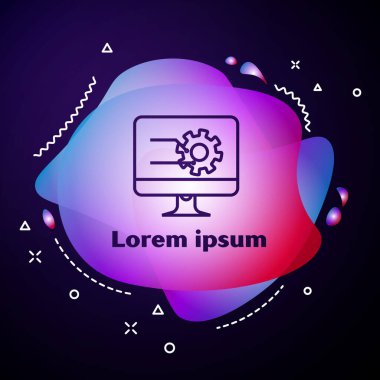 Mor çizgi bilgisayar monitörü, koyu mavi arkaplanda grafik çizelgesi simgesi var. Metin dosya simgesini rapor et. Muhasebe tabelası. Denetim, analiz, planlama. Sıvı şekilli soyut pankart. Vektör İllüstrasyonu