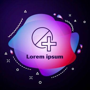 Mor çizgi tıp hapı veya koyu mavi arka planda izole edilmiş tablet ikonu. Kapsül hapı ve uyuşturucu işareti. Eczane tasarımı. Sıvı şekilli soyut pankart. Vektör İllüstrasyonu
