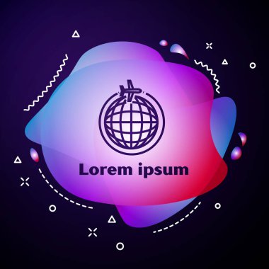 Uçan uçak ikonuna sahip mor çizgi Globe koyu mavi arka planda izole edildi. Uçak Dünya 'nın etrafında uçuyor. Uçak dünyası ikonu. Sıvı şekilli soyut pankart. Vektör İllüstrasyonu