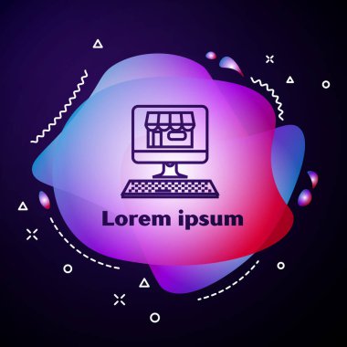 Mor çizgili alışveriş binası koyu mavi arkaplandaki bilgisayar simgesinde. Konsept e-ticaret, e-ticaret, online iş pazarlama. Sıvı şekilli soyut pankart. Vektör İllüstrasyonu