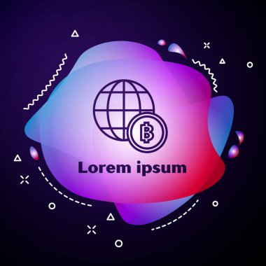 Mor çizgi Globe ve şifreli para birimi Bitcoin simgesi koyu mavi arka planda. Madeni para. Engelleme zinciri tabanlı şifreli para birimi. Sıvı şekilli soyut pankart. Vektör İllüstrasyonu