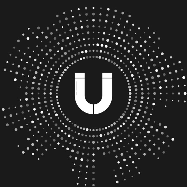 Белый магнит значок изолирован на сером фоне. Подкова магнит, магнетизм, магнетизм, притяжение. Абстрактные круговые случайные точки. Векторная миграция
