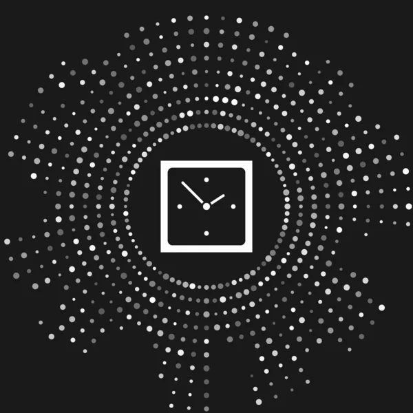 Ícone de relógio branco isolado no fundo cinza. Símbolo temporal. Pontos aleatórios de círculo abstrato. Ilustração vetorial —  Vetores de Stock