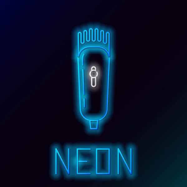 Blau leuchtende Neon-Linie elektrische Haarschneidemaschine oder Rasierer Symbol isoliert auf schwarzem Hintergrund. Friseur-Symbol. Buntes Rahmenkonzept. Vektorillustration — Stockvektor