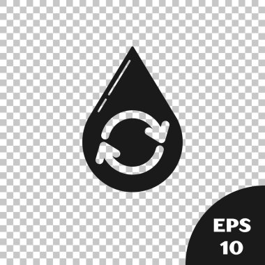 Şeffaf arkaplanda izole edilmiş Siyah Geri Dönüşüm Temiz Su simgesi. İşaret geri dönüşümlü bir damla su. Vektör İllüstrasyonu
