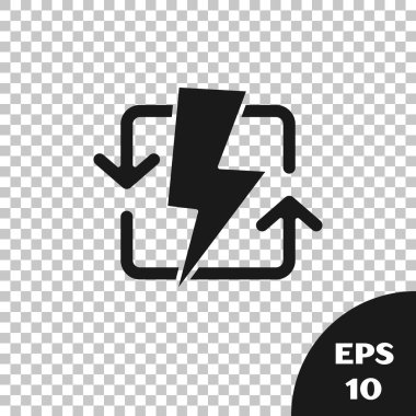 Şeffaf arkaplanda siyah şarj simgesi izole edildi. Elektrik enerjisi işareti. Vektör İllüstrasyonu