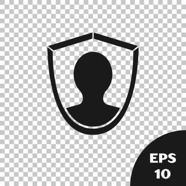 Siyah Kullanıcı koruma simgesi şeffaf arkaplanda izole edildi. Güvenli kullanıcı girişi, şifre koruması, kişisel veri koruması, kimlik doğrulaması. Vektör İllüstrasyonu