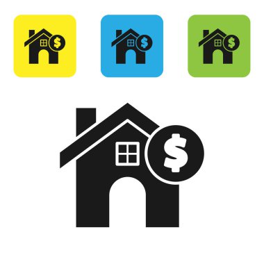 Beyaz arka planda dolar sembolü olan Kara Ev. Ev ve para. Emlak konsepti. Renkli kare düğmeleri ayarlayın. Vektör İllüstrasyonu