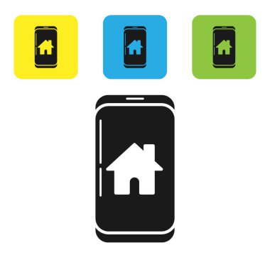 Beyaz arka planda izole akıllı ev simgesi ile Siyah Cep telefonu. Uzaktan kumanda. Simgeleri renkli kare düğmeleri ayarlayın. Vektör İllüstrasyonu