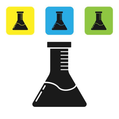 Beyaz arka planda siyah test tüpü ve kimyasal test ikonu izole edildi. Laboratuvar cam levhası. Renkli kare düğmeleri ayarlayın. Vektör İllüstrasyonu