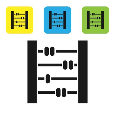 Siyah Abaküs simgesi beyaz arkaplanda izole edildi. Geleneksel sayım çerçevesi. Eğitim işareti. Matematik okulu. Renkli kare düğmeleri ayarlayın. Vektör İllüstrasyonu