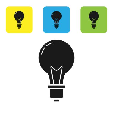 Beyaz arka planda izole fikir simgesi kavramı ile siyah ampul. Enerji ve fikir sembolü. İlham konsepti. Set simgeleri renkli kare düğmeler. Vektör Illustration