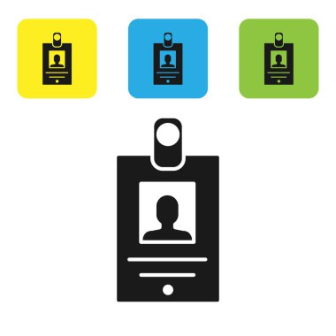 Siyah tanımlama rozeti simgesi beyaz arka planda yalıtılmış. Bu sunum, şirketin kimliği, reklam için kullanılabilir. Set simgeleri renkli kare düğmeler. Vektör Illustration