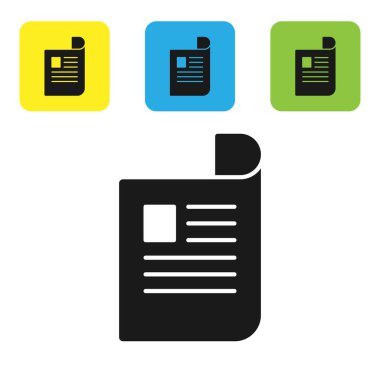 Siyah belge simgesi beyaz arka planda yalıtılmış. Dosya simgesi. Kontrol listesi simgesi. İş konsepti. Set simgeleri renkli kare düğmeler. Vektör Illustration