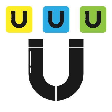 Siyah Mıknatıs simgesi beyaz arkaplanda izole edildi. At nalı mıknatısı, manyetizma, manyetizma, çekim. Renkli kare düğmeleri ayarlayın. Vektör İllüstrasyonu