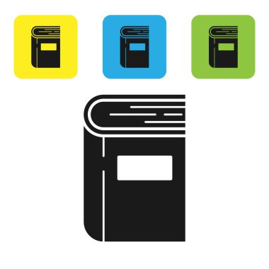 Siyah Kitap simgesi beyaz arkaplanda izole edildi. Renkli kare düğmeleri ayarlayın. Vektör İllüstrasyonu