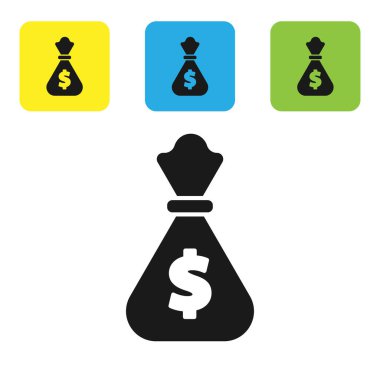 Siyah para çantası simgesi beyaz arka planda izole. Dolar veya USD sembolü. Nakit bankacılık para birimi işareti. Set simgeleri renkli kare düğmeler. Vektör Illustration