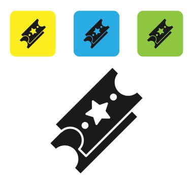 Siyah piyango bileti ikonu beyaz arka planda izole edildi. Bingo, loto, nakit para ödülleri. Finansal başarı, refah, zafer, kazanma şansı. Renkli kare düğmeleri ayarlayın. Vektör İllüstrasyonu