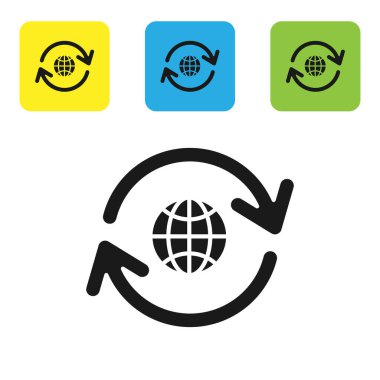 Siyah Gezegen Dünyası ve beyaz arka planda izole edilmiş bir geri dönüşüm ikonu. Çevresel konsept. Renkli kare düğmeleri ayarlayın. Vektör İllüstrasyonu
