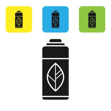 Siyah geri dönüşüm plastik şişe simgesi beyaz arkaplanda izole edilmiş. Renkli kare düğmeleri ayarlayın. Vektör İllüstrasyonu