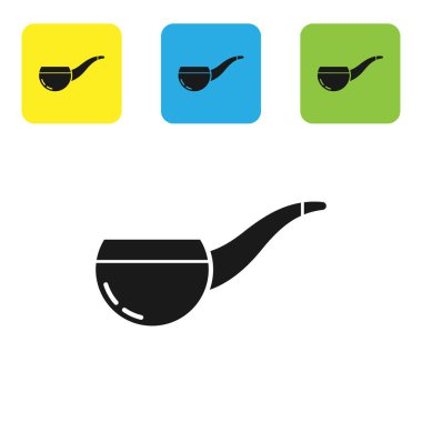 Beyaz arka planda izole edilmiş duman simgesi olan siyah tüttürme piposu. Tütün piposu. Renkli kare düğmeleri ayarlayın. Vektör İllüstrasyonu