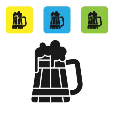 Siyah Ahşap bira kupa simgesi beyaz arka plan üzerinde izole. Simgeleri renkli kare düğmeleri ayarlayın. Vektör İllüstrasyonu