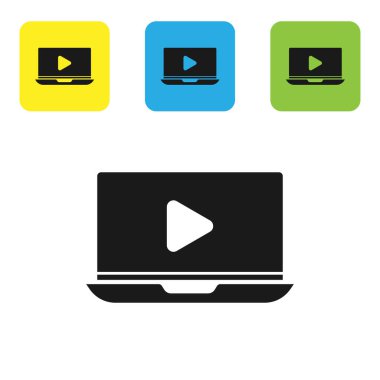 Siyah Online video oynatma simgesi beyaz arkaplanda izole edildi. Dizüstü bilgisayar ve oyun işaretli film şeridi. Renkli kare düğmeleri ayarlayın. Vektör İllüstrasyonu