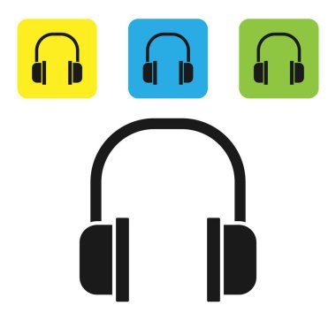 Siyah kulaklık simgesi beyaz arkaplanda izole edilmiş. Kulaklık işareti. Müzik, hizmet, iletişim ve operatör konsepti. Renkli kare düğmeleri ayarlayın. Vektör İllüstrasyonu