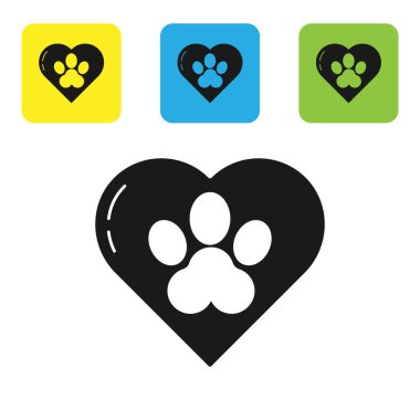 Siyah kalp hayvan ayak izi simgesi beyaz arka planda izole. Kalp hayvan pençe. Hayvanlarla aşk. Set simgeleri renkli kare düğmeler. Vektör Illustration