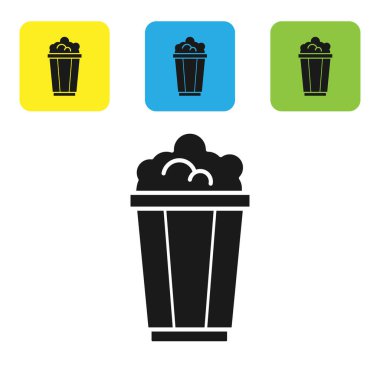 Siyah Popcorn karton kutu simgesi beyaz arka planda izole. Patlamış mısır kutusu. Set simgeleri renkli kare düğmeler. Vektör Illustration