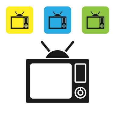 Beyaz arkaplanda siyah televizyon simgesi izole edildi. Televizyon tabelası. Renkli kare düğmeleri ayarlayın. Vektör İllüstrasyonu