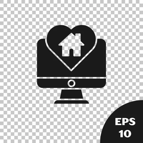 Svart Datorskärm med hus i hjärtform ikon isolerad på transparent bakgrund. Älskar hemsymbol. Familj, fastigheter och fastigheter. Vektor Illustration — Stock vektor