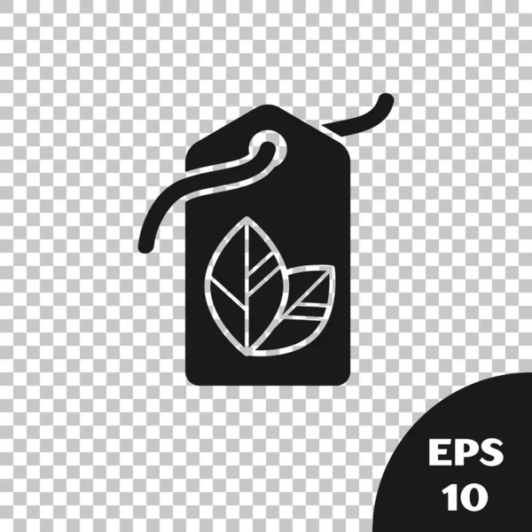 Black Tag with leaf symbol icon isolated on transparent background. Banner, label, tag, logo, sticker for eco green. Vector Illustration