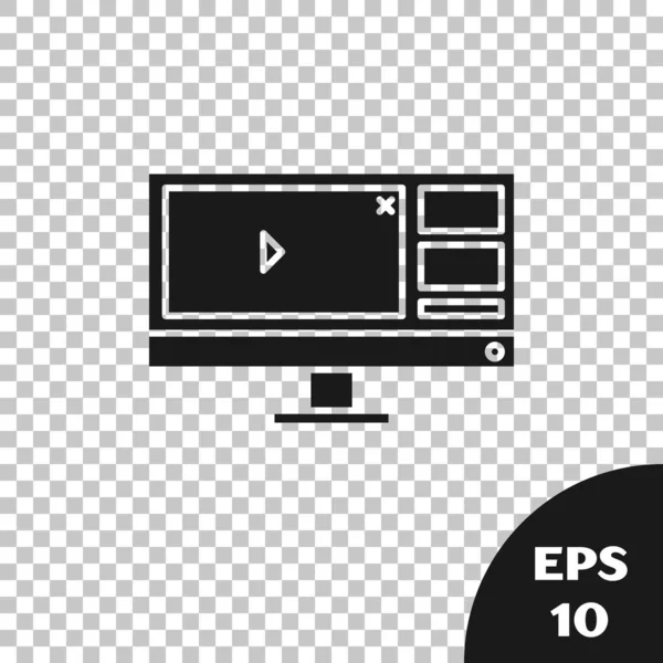 Grabadora de vídeo negro o software de editor en el icono del monitor de la computadora aislado en fondo transparente. Ilustración vectorial — Vector de stock