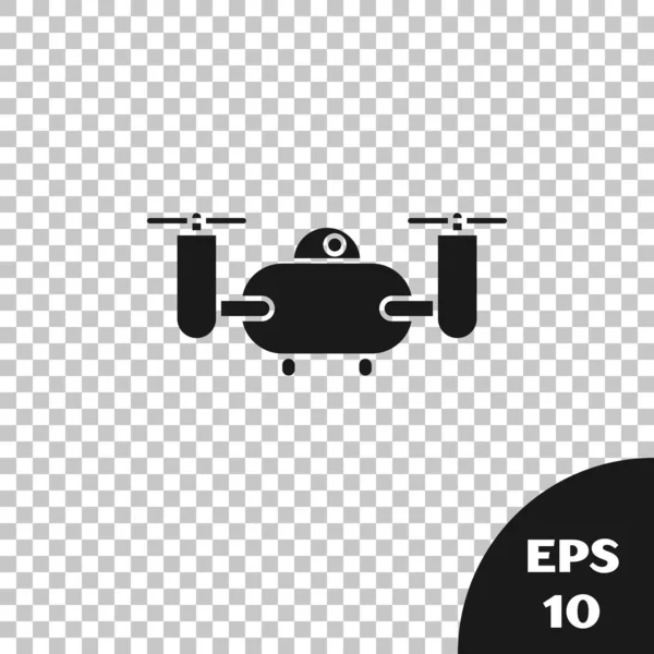 Drone Negro volando con el icono de la cámara de vídeo de acción aislado sobre fondo transparente. Quadrocopter con video y el símbolo de la cámara fotográfica. Ilustración vectorial — Vector de stock