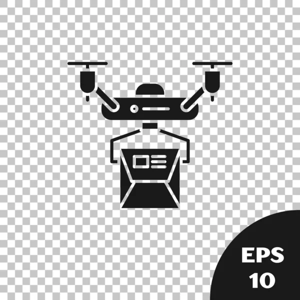 Icono de concepto de entrega de Drone negro aislado sobre fondo transparente. Quadrocopter llevando un paquete. Transporte, concepto logístico. Ilustración vectorial — Vector de stock