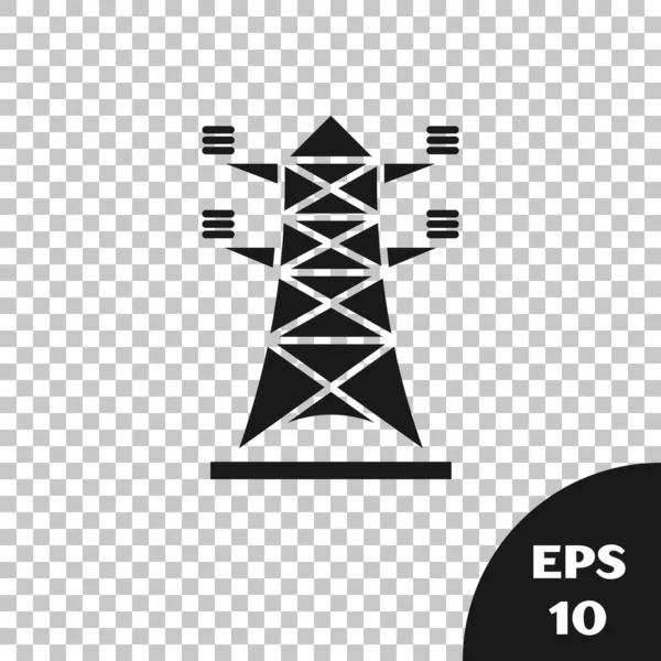 Μαύρο ηλεκτρικό πύργο χρησιμοποιείται για να υποστηρίξει μια εναέρια γραμμή ισχύος εικονίδιο απομονώνονται σε διαφανές φόντο. Καλώδιο υψηλής τάσης. Εικονογράφηση διανύσματος — Διανυσματικό Αρχείο