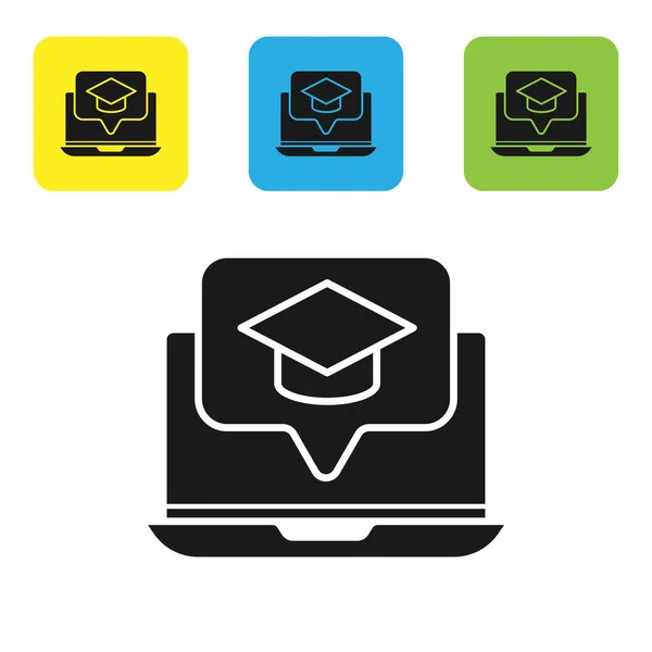 Capa de graduação preta no ícone do laptop de tela isolado no fundo branco. Aprendizagem online ou conceito de e-learning. Definir ícones coloridos botões quadrados. Ilustração vetorial — Vetor de Stock
