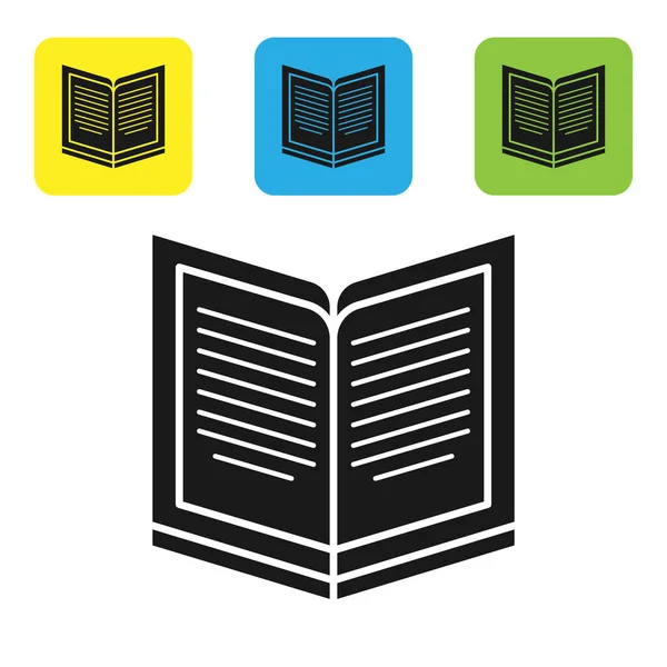 Ícone de livro preto aberto isolado no fundo branco. Definir ícones coloridos botões quadrados. Ilustração vetorial — Vetor de Stock