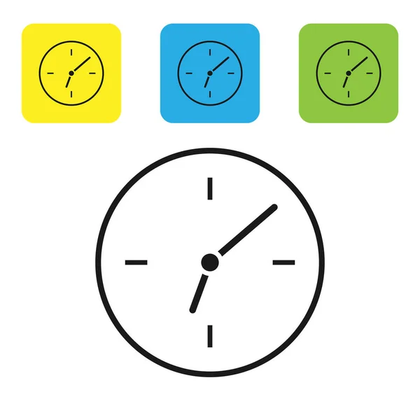 白い背景に隔離された黒時計のアイコン。時間記号。アイコンカラフルな正方形のボタンを設定します。ベクトルイラストレーション — ストックベクタ
