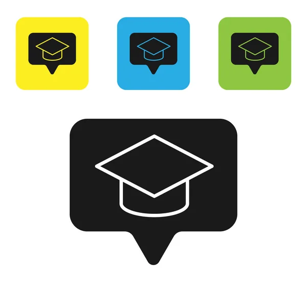 Black Graduation cap in speech bubble icon isolated on white background. Graduation hat with tassel icon. Set icons colorful square buttons. Vector Illustration — Stock Vector