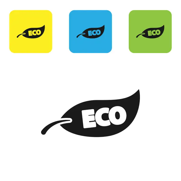 Icona simbolo Black Leaf Eco isolata su sfondo bianco. Bandiera, etichetta, etichetta, logo, adesivo per eco verde. Set icone colorate pulsanti quadrati. Illustrazione vettoriale — Vettoriale Stock