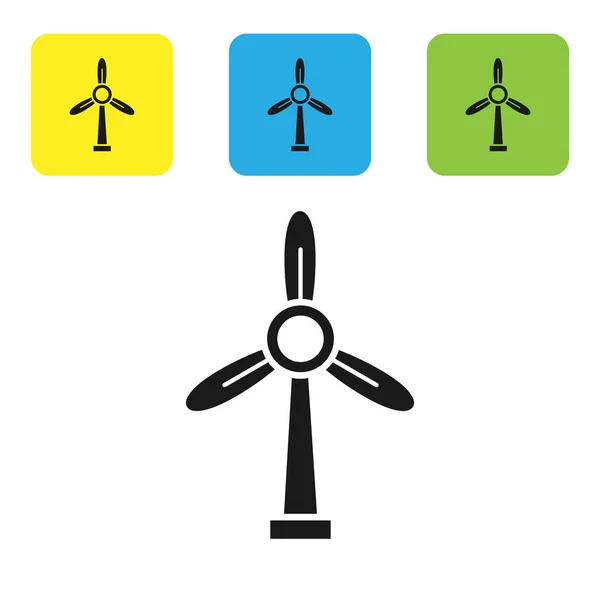 Black Wind turbin ikon isolerad på vit bakgrund. Vindgeneratorskylt. Väderkvarn för elproduktion. Ställ ikoner färgglada fyrkantiga knappar. Vektor Illustration — Stock vektor