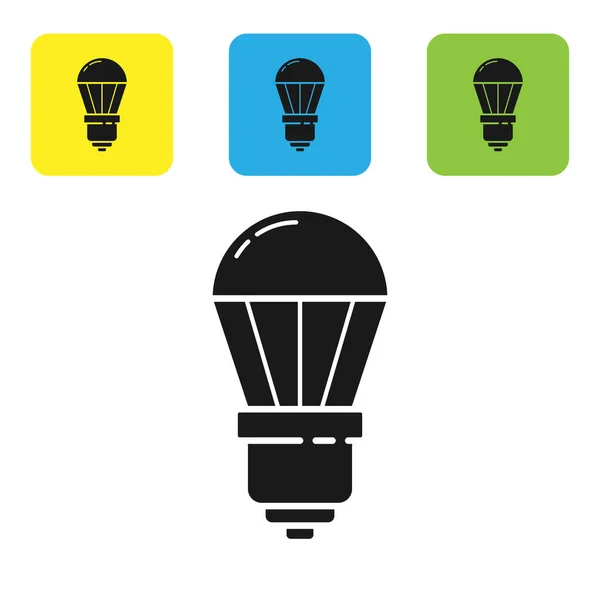 Schwarzes LED-Glühbirnen-Symbol isoliert auf weißem Hintergrund. Sparsame LED-Leuchtmittel. Energiesparlampen sparen. setzen Symbole bunte quadratische Tasten. Vektorillustration — Stockvektor